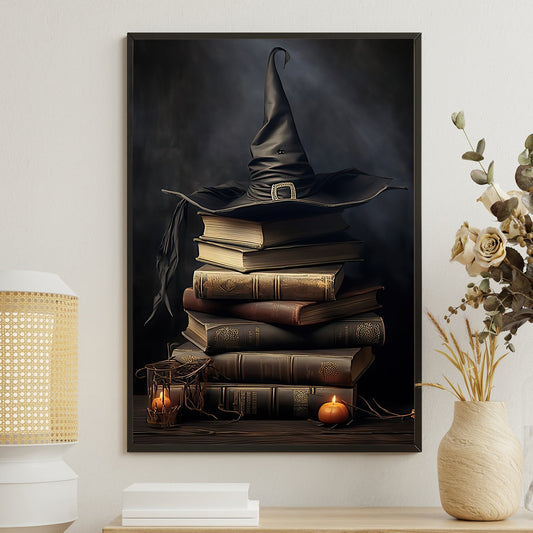 Witch Hat On The Books, Book Canvas Painting, Wall Art Decor - Poster Gift For Book Lovers