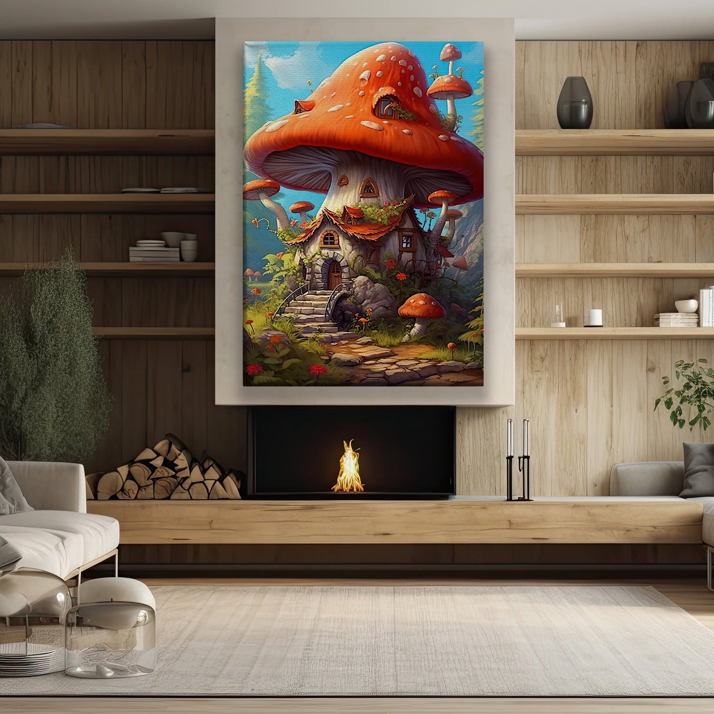 Fairy Tale Mushroom House, Mushroom Canvas Painting, Wall Art Decor - Mushroom Poster Gift