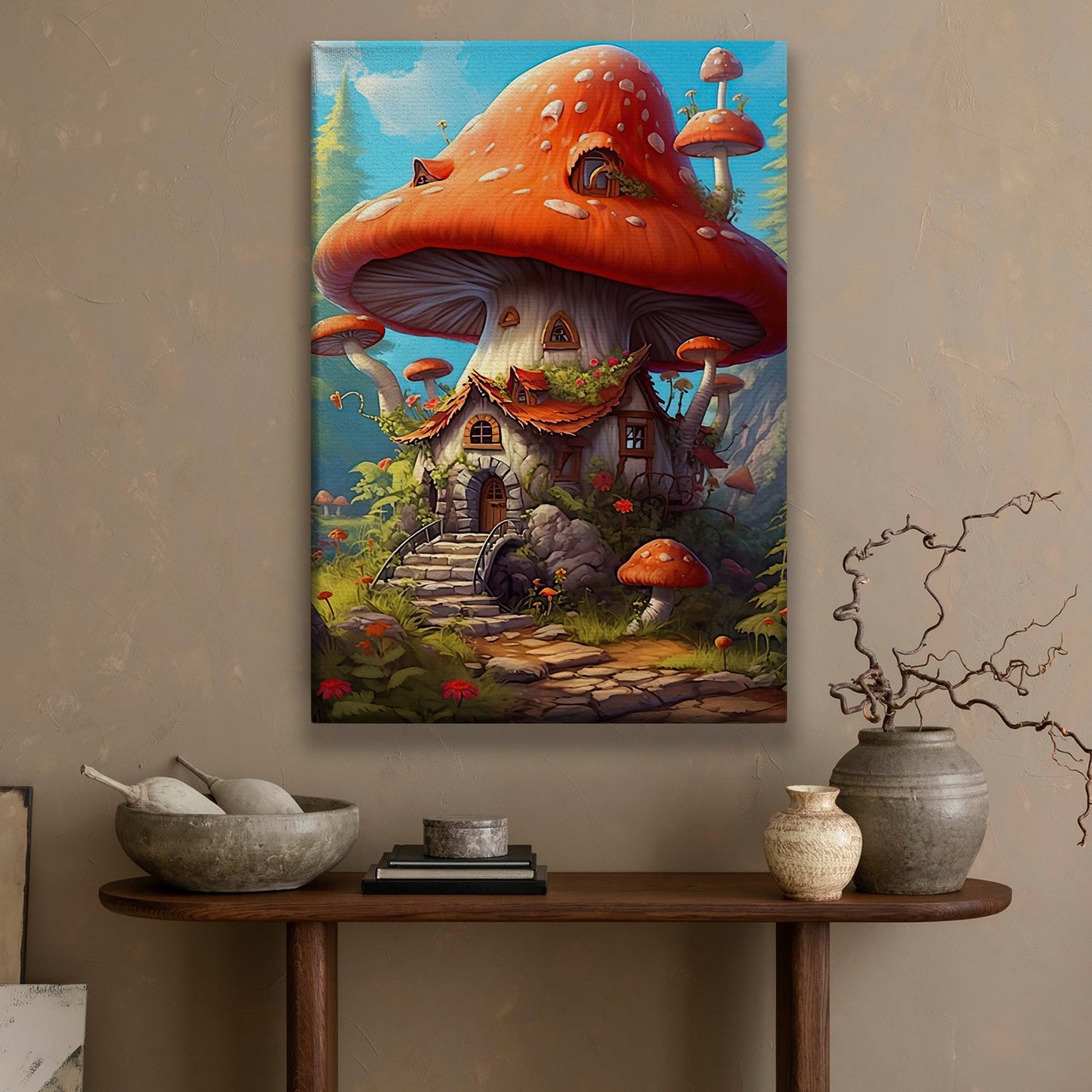 Fairy Tale Mushroom House, Mushroom Canvas Painting, Wall Art Decor - Mushroom Poster Gift