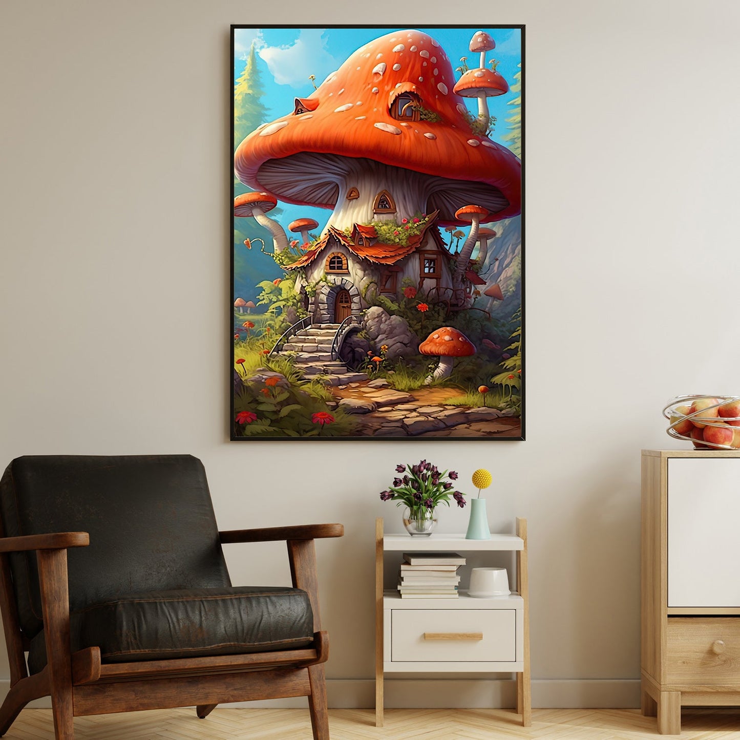 Fairy Tale Mushroom House, Mushroom Canvas Painting, Wall Art Decor - Mushroom Poster Gift