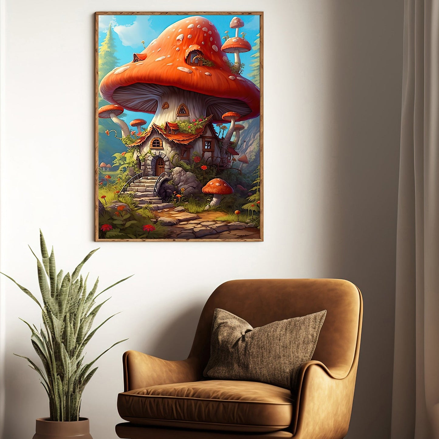 Fairy Tale Mushroom House, Mushroom Canvas Painting, Wall Art Decor - Mushroom Poster Gift