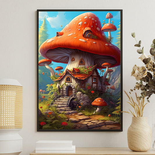 Fairy Tale Mushroom House, Mushroom Canvas Painting, Wall Art Decor - Mushroom Poster Gift