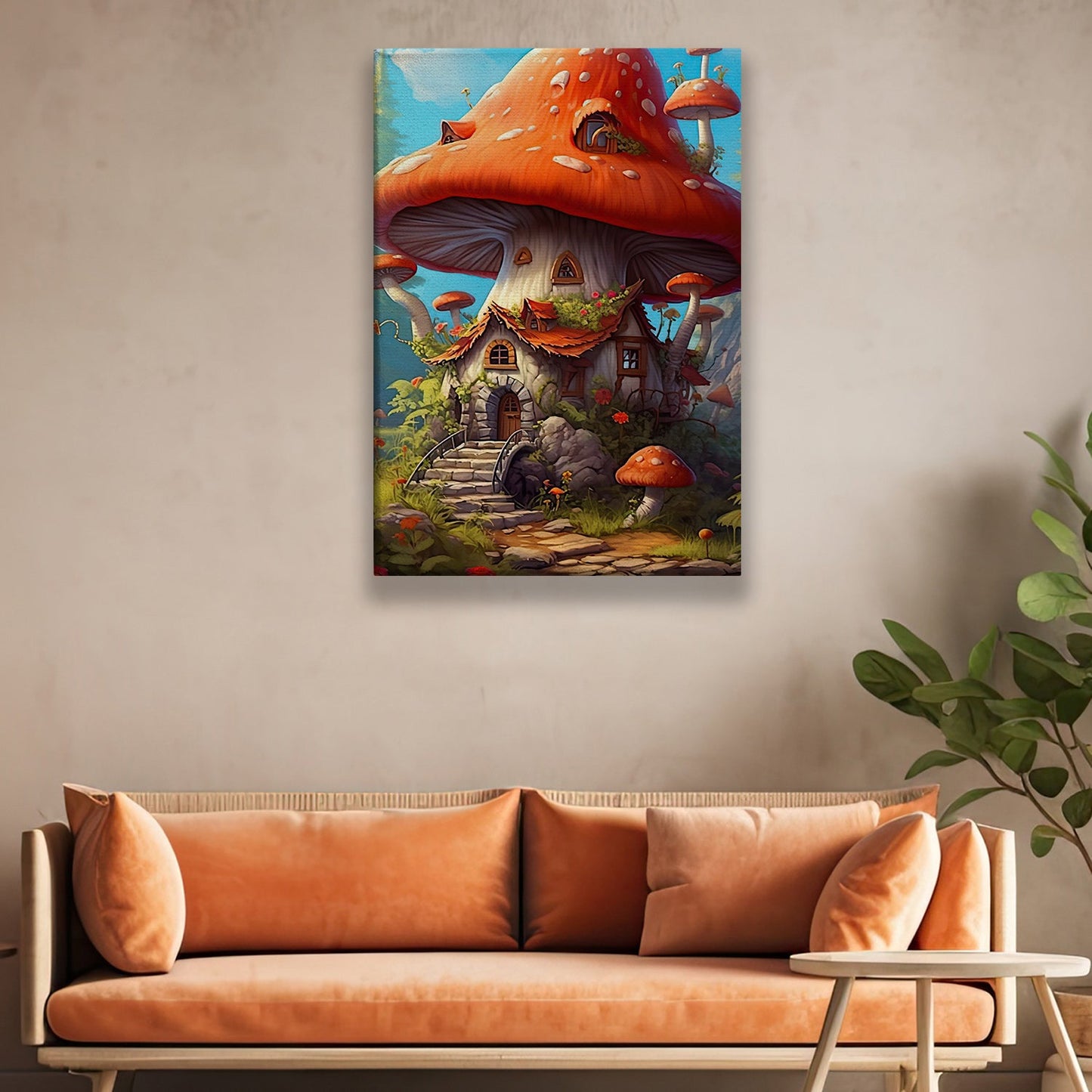 Fairy Tale Mushroom House, Mushroom Canvas Painting, Wall Art Decor - Mushroom Poster Gift