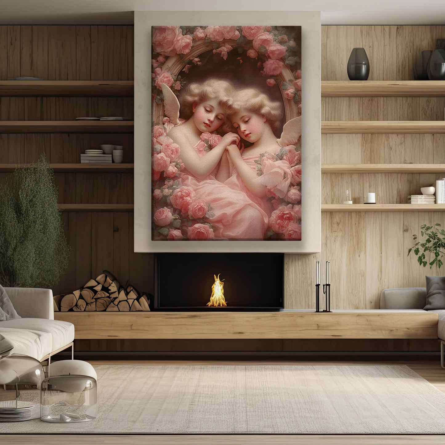 Two Angels Sleep In Circle Flowers, Angel Christmas Canvas Painting, Wall Art Decor - Angel Poster Gift