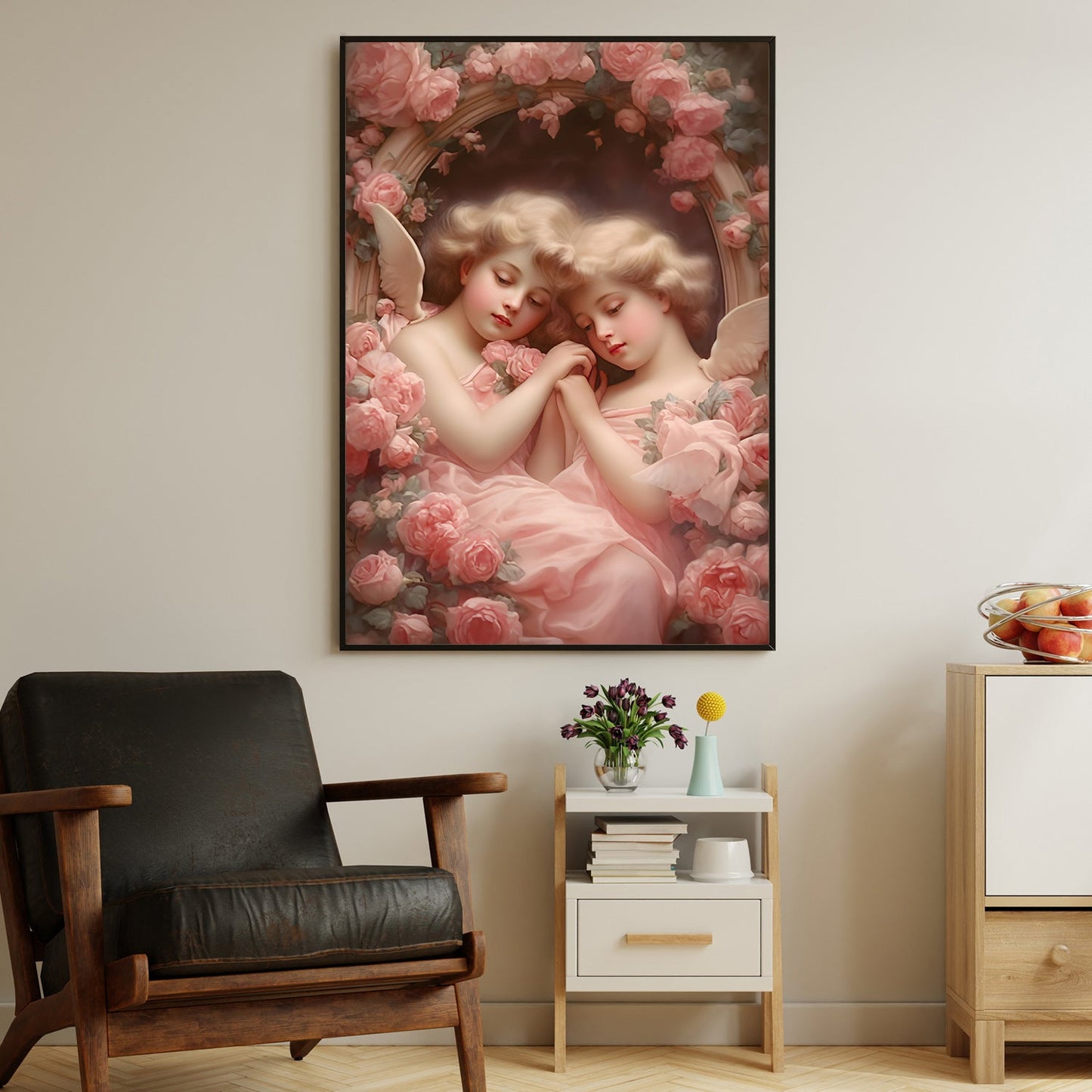 Two Angels Sleep In Circle Flowers, Angel Christmas Canvas Painting, Wall Art Decor - Angel Poster Gift