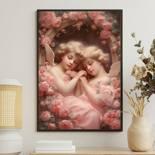 Two Angels Sleep In Circle Flowers, Angel Christmas Canvas Painting, Wall Art Decor - Angel Poster Gift