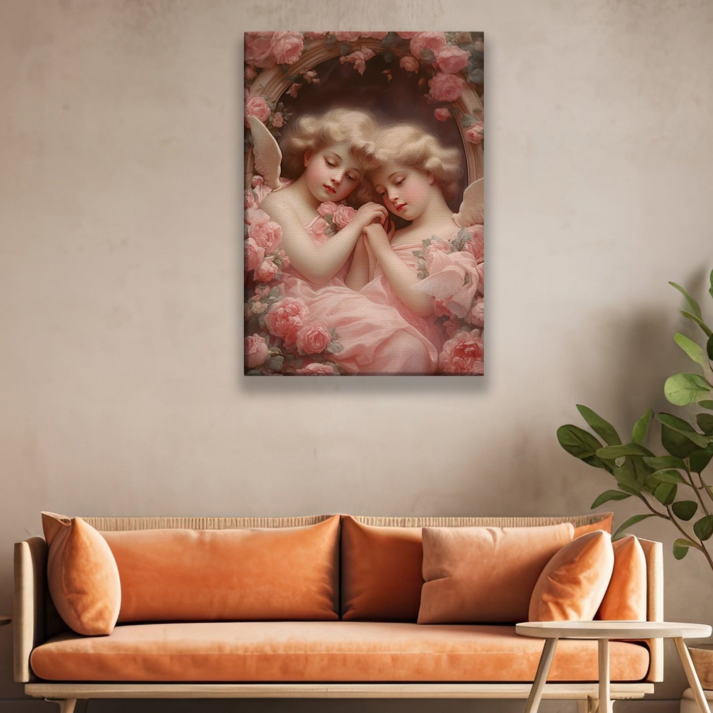 Two Angels Sleep In Circle Flowers, Angel Christmas Canvas Painting, Wall Art Decor - Angel Poster Gift