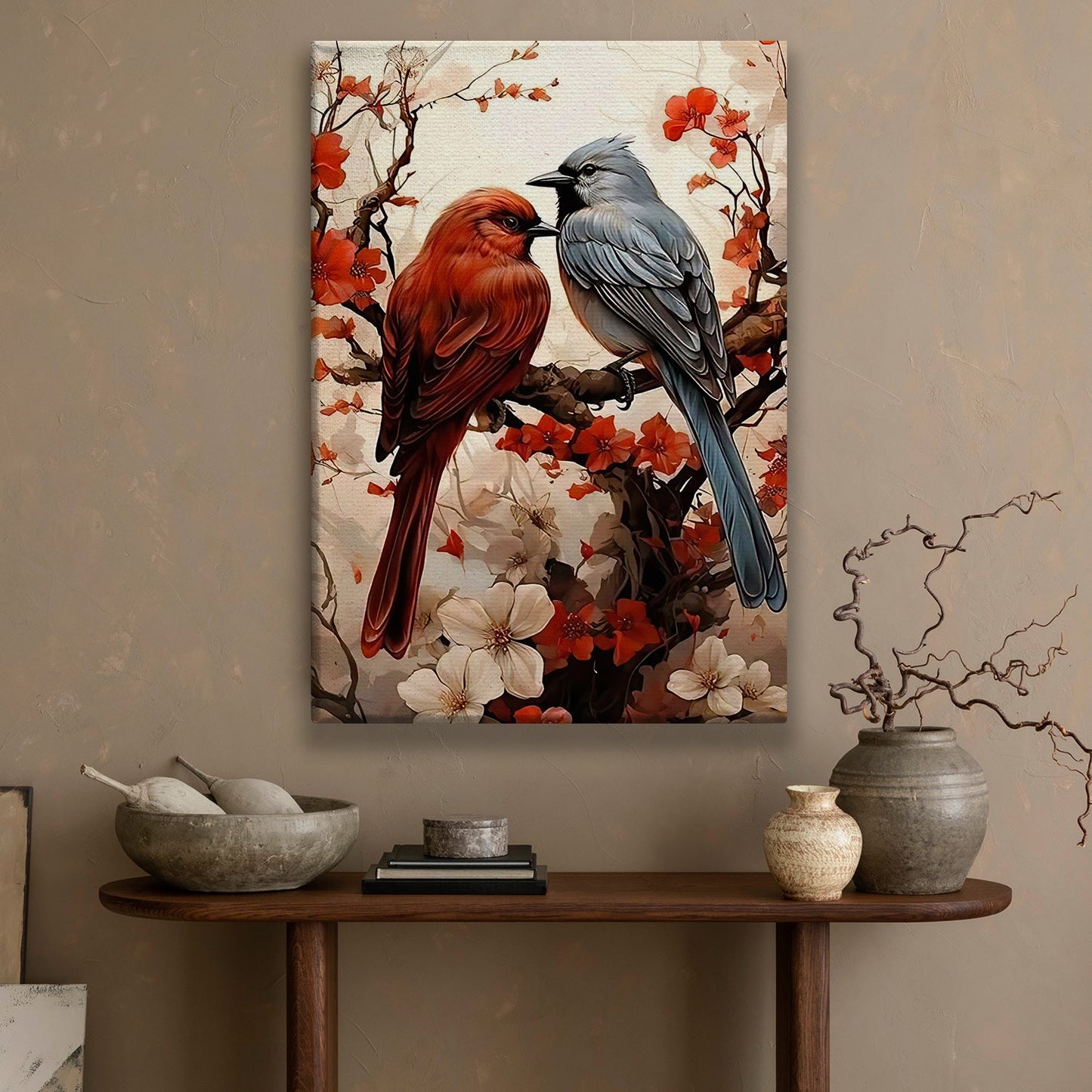 Cardinal Couple On The Tree, Cardinal Bird Canvas Painting, Wall Art Decor - Poster Gift For Bird Lovers