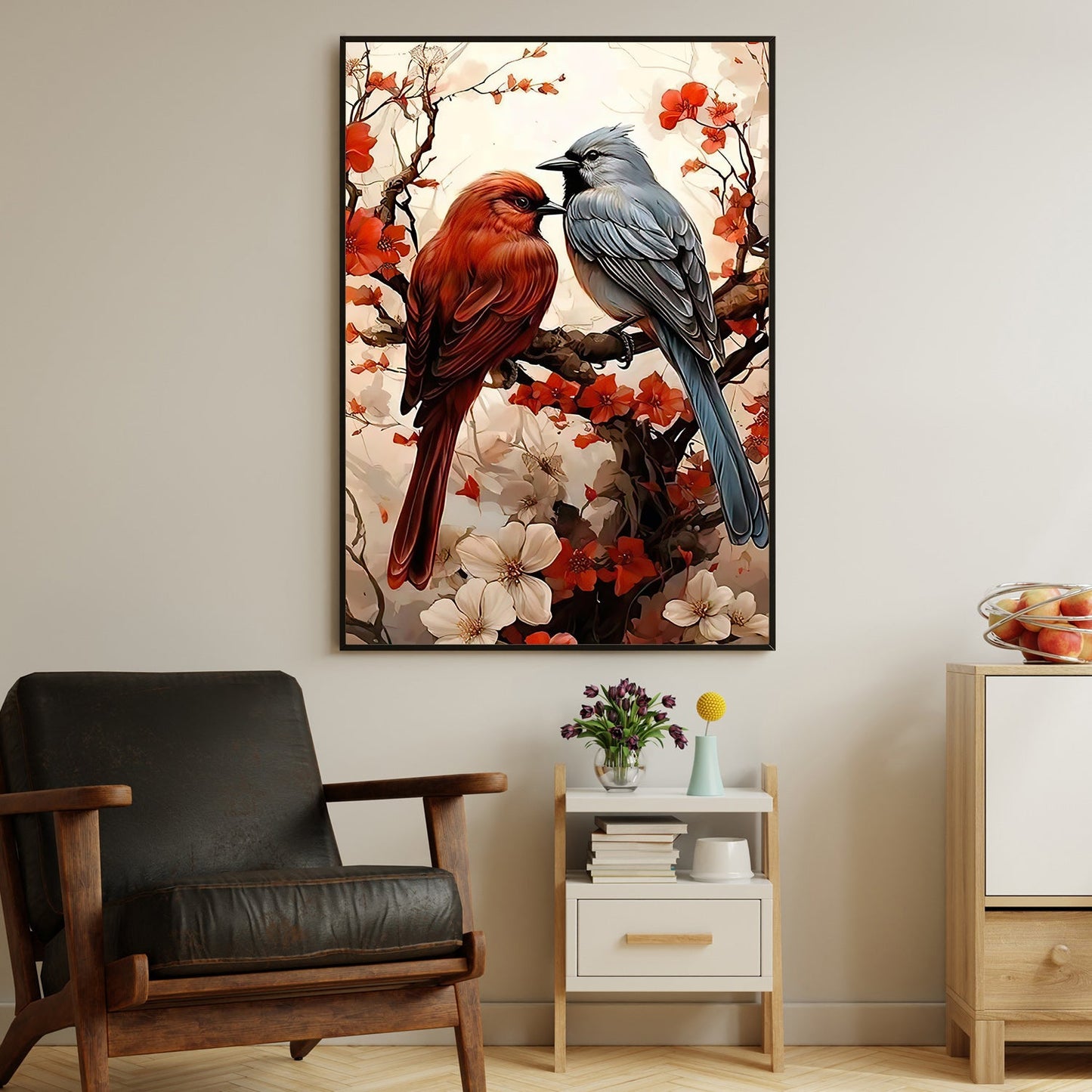 Cardinal Couple On The Tree, Cardinal Bird Canvas Painting, Wall Art Decor - Poster Gift For Bird Lovers