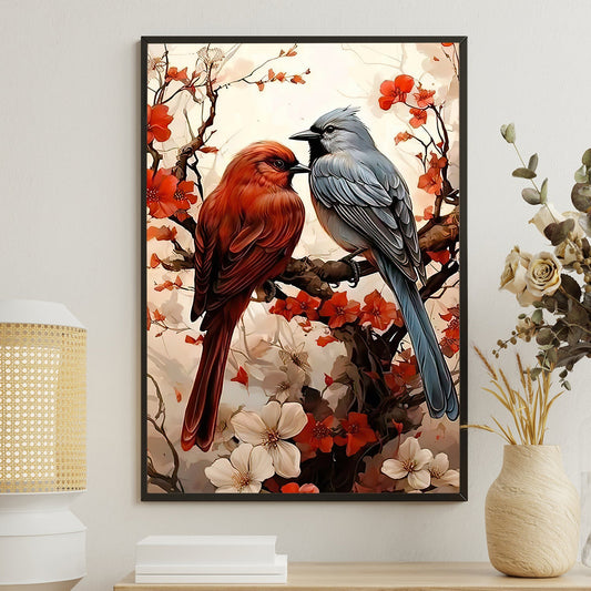 Cardinal Couple On The Tree, Cardinal Bird Canvas Painting, Wall Art Decor - Poster Gift For Bird Lovers