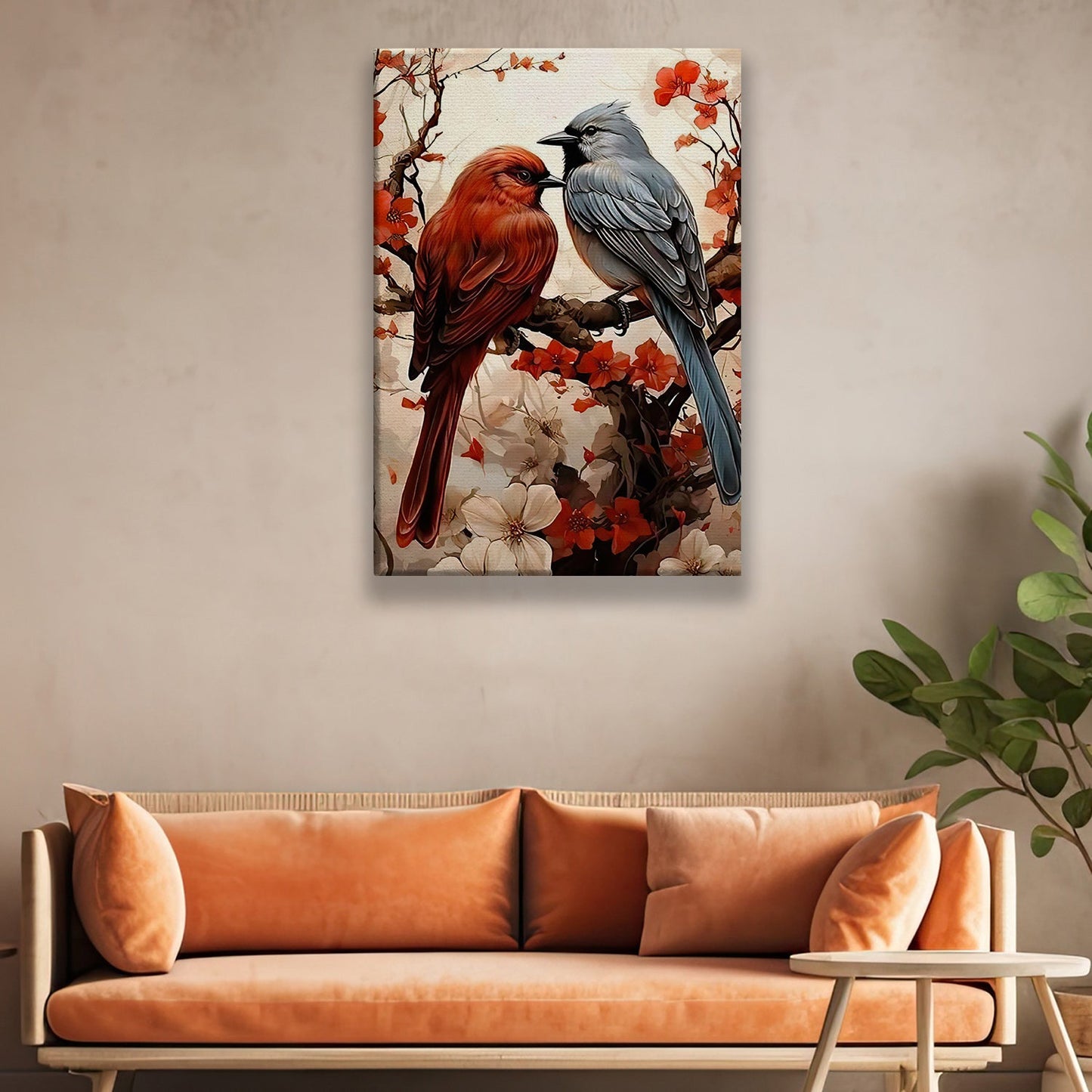 Cardinal Couple On The Tree, Cardinal Bird Canvas Painting, Wall Art Decor - Poster Gift For Bird Lovers