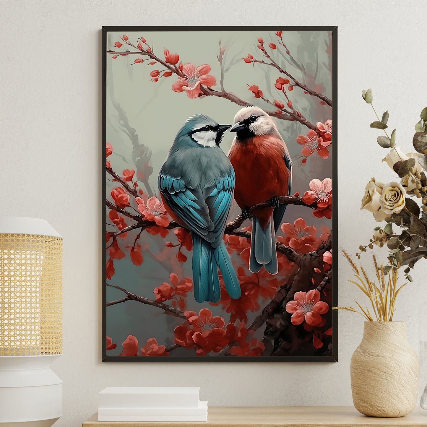 Couple Blue And Red Cardinal On The Tree, Cardinal Bird Canvas Painting, Wall Art Decor - Poster Gift For Bird Lovers