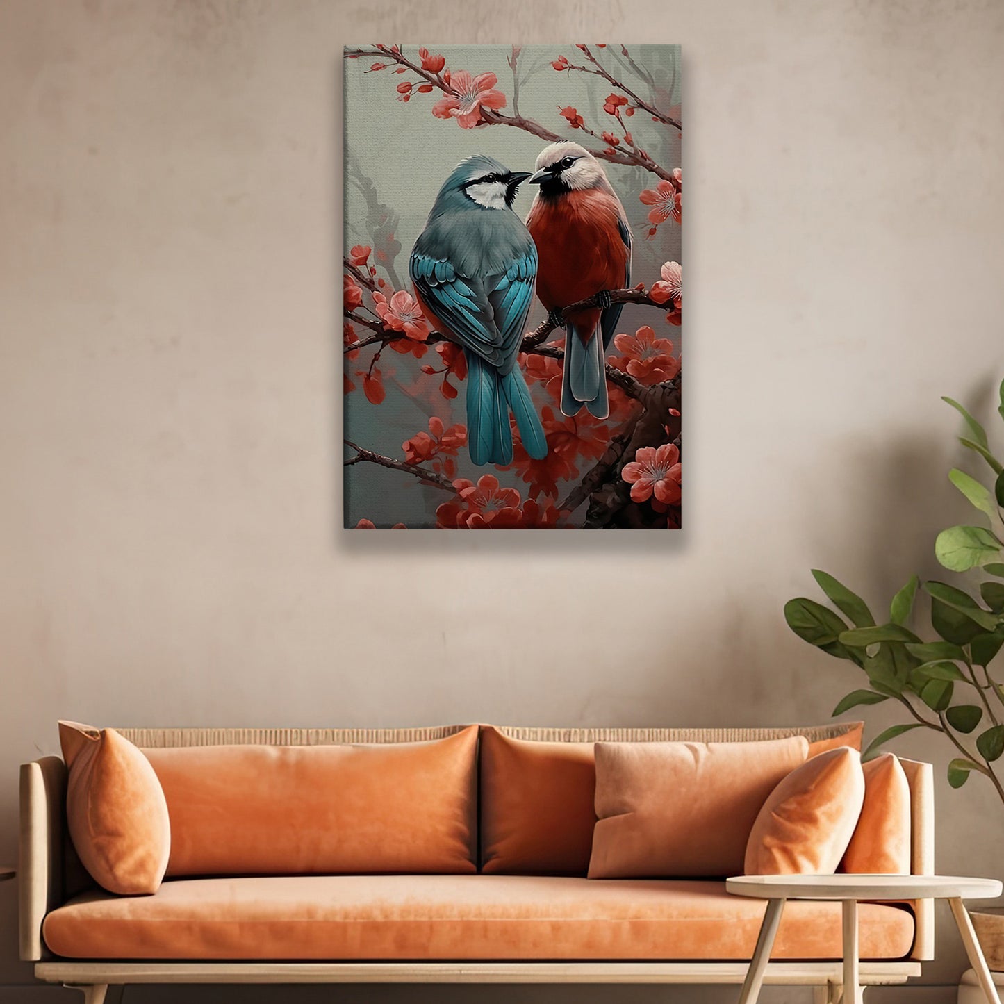 Couple Blue And Red Cardinal On The Tree, Cardinal Bird Canvas Painting, Wall Art Decor - Poster Gift For Bird Lovers