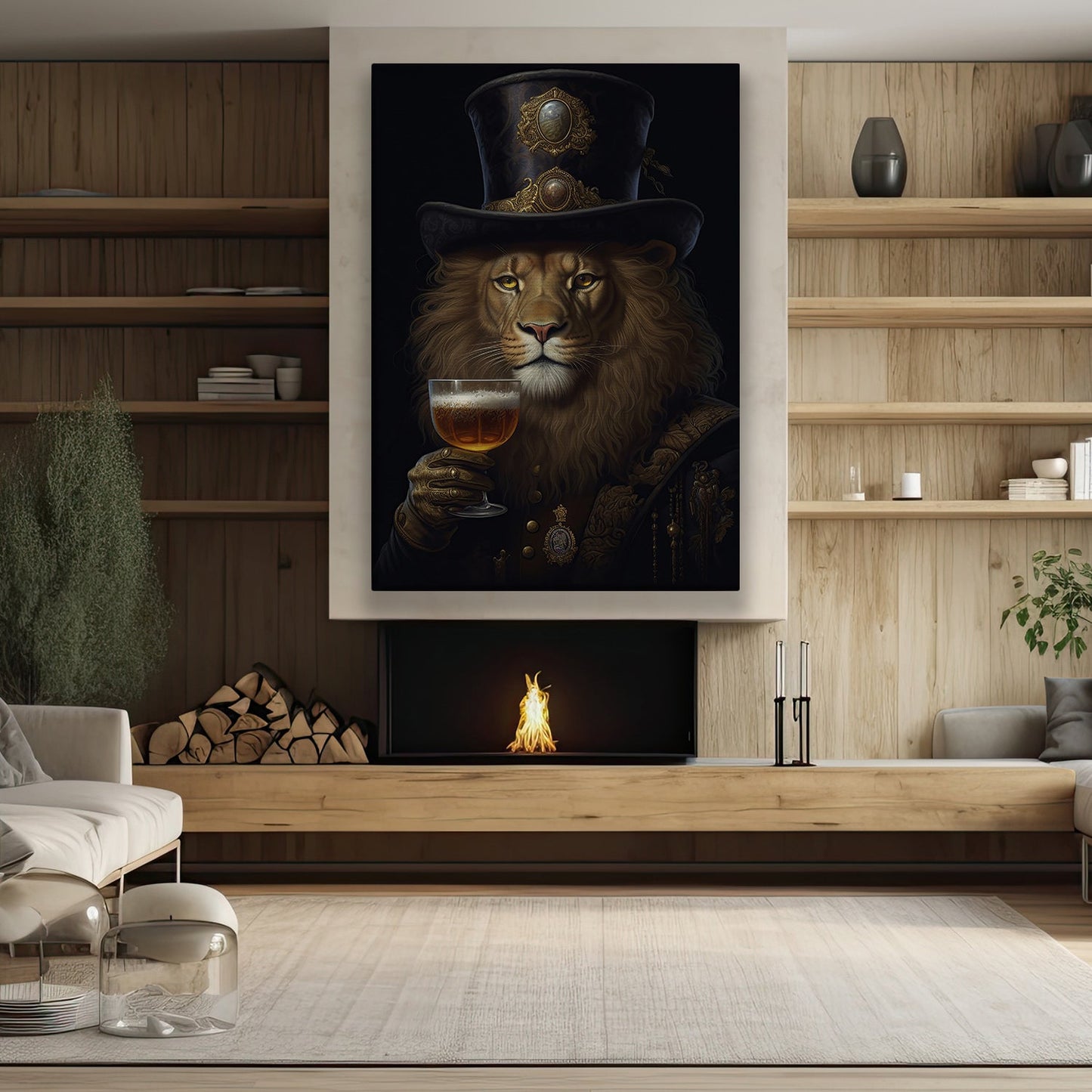 Regal Repose With A Toast of Elegance, Victorian Lion Canvas Painting, Wall Art Decor - Poster Gift For Lion Lovers