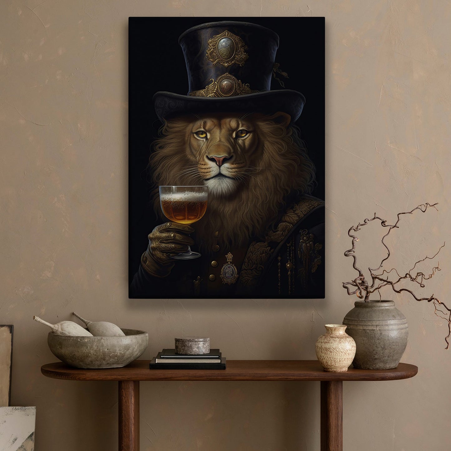 Regal Repose With A Toast of Elegance, Victorian Lion Canvas Painting, Wall Art Decor - Poster Gift For Lion Lovers