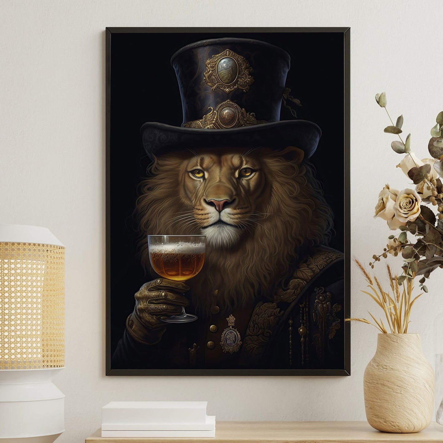 Regal Repose With A Toast of Elegance, Victorian Lion Canvas Painting, Wall Art Decor - Poster Gift For Lion Lovers