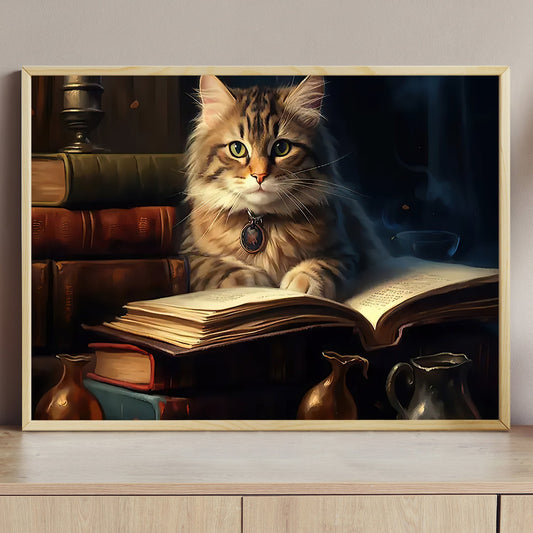 An Evening Of Feline Literature, Baby Cat Canvas Painting, Wall Art Decor - Poster Gift For Cat Lovers