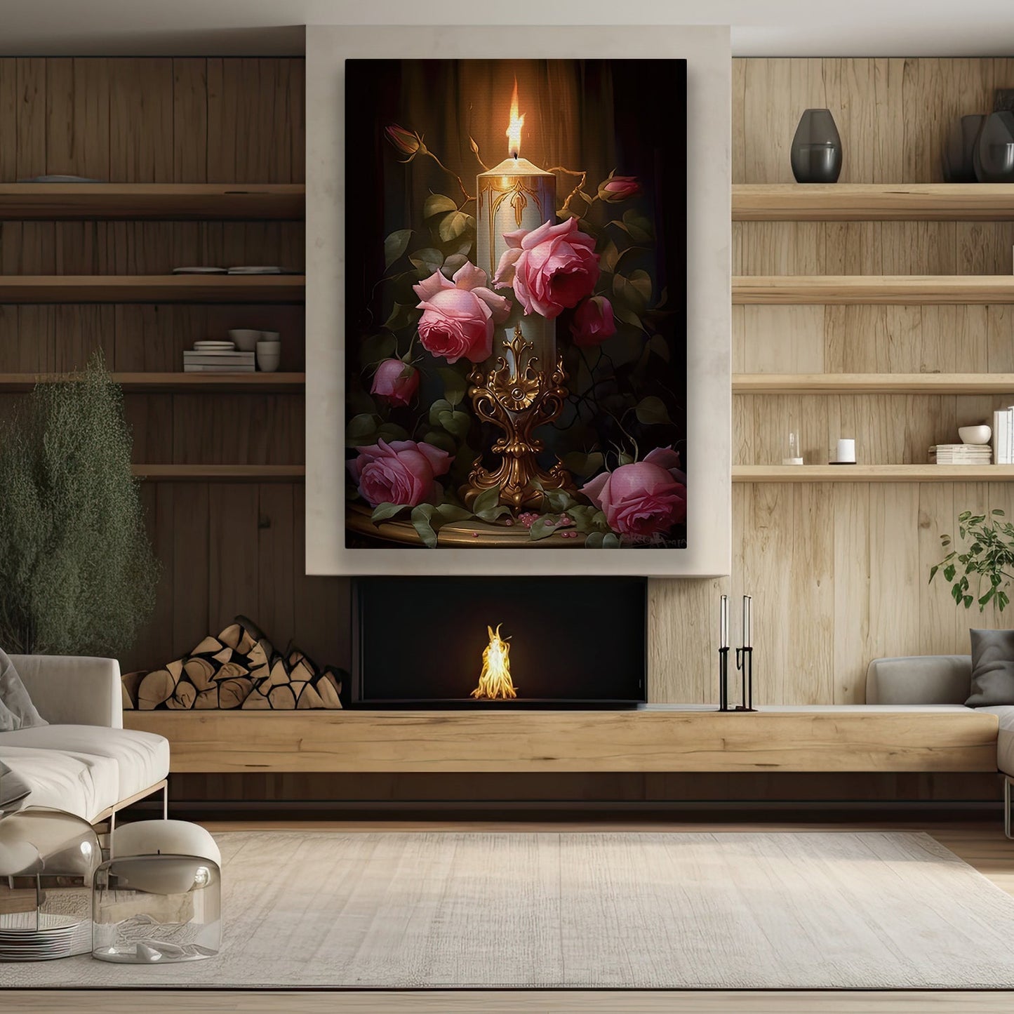 Candlelight Blooms, Modern Flower Canvas Painting, Wall Art Decor, Poster Gift For Roses Lovers