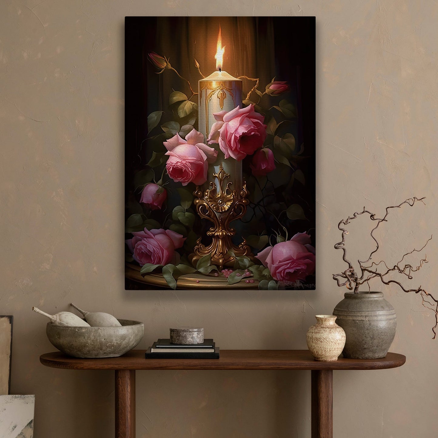 Candlelight Blooms, Modern Flower Canvas Painting, Wall Art Decor, Poster Gift For Roses Lovers