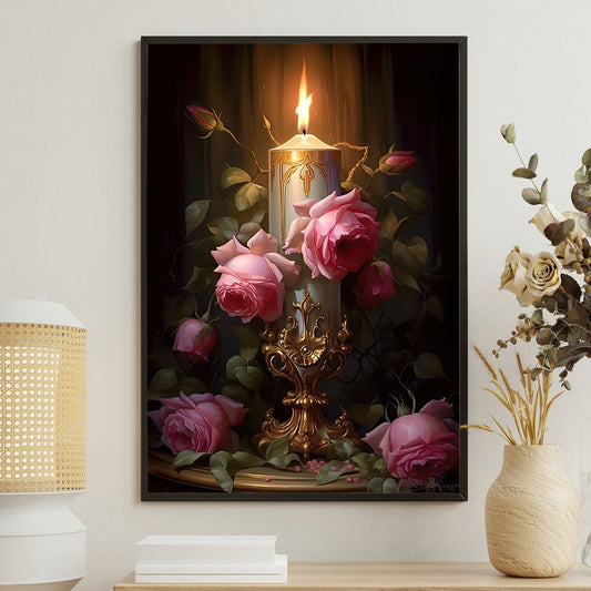 Candlelight Blooms, Modern Flower Canvas Painting, Wall Art Decor, Poster Gift For Roses Lovers