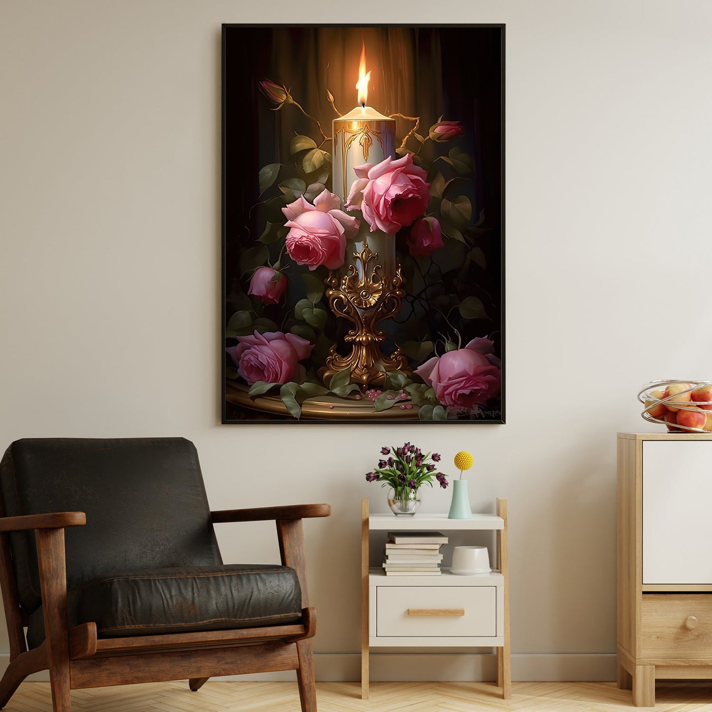 Candlelight Blooms, Modern Flower Canvas Painting, Wall Art Decor, Poster Gift For Roses Lovers