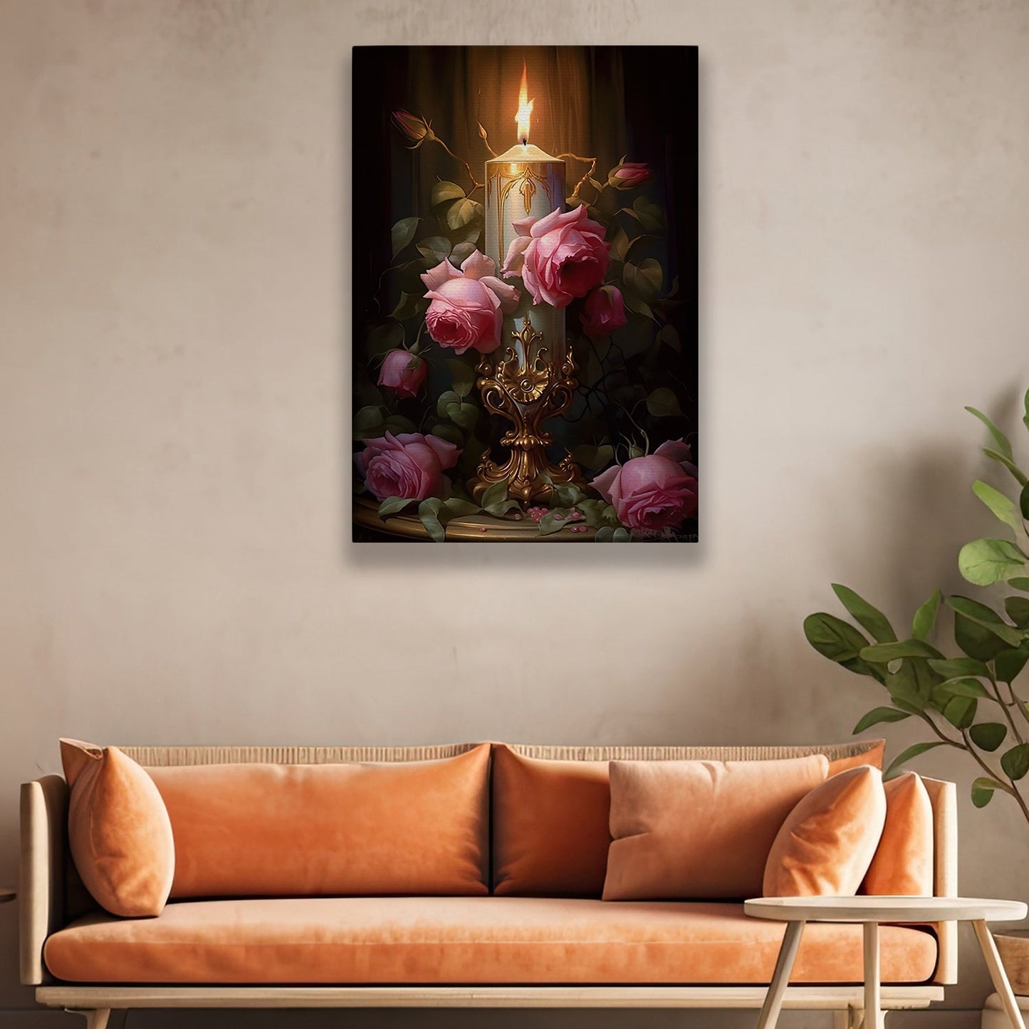 Candlelight Blooms, Modern Flower Canvas Painting, Wall Art Decor, Poster Gift For Roses Lovers