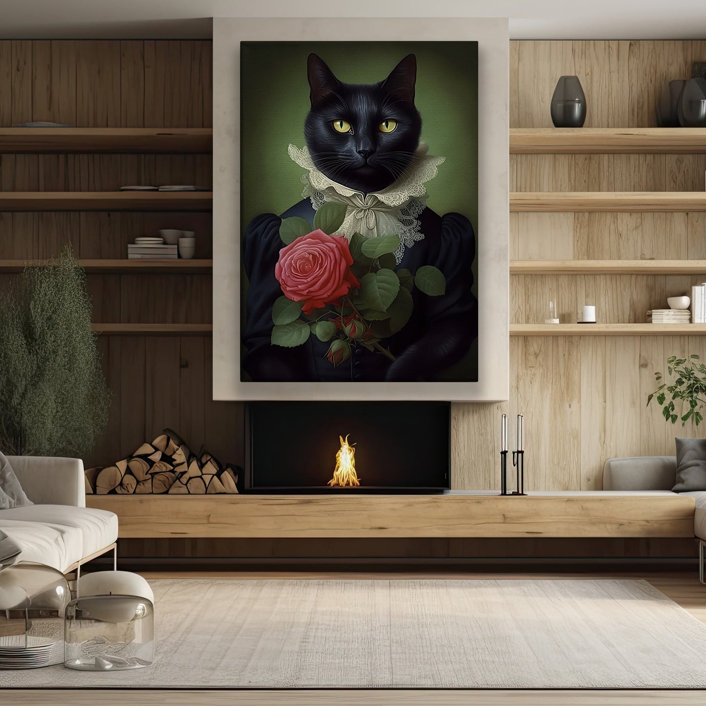 Rose of the Night, Victorian Cat Canvas Painting, Mysterical Wall Art Decor, Poster Gift For Cat Lovers