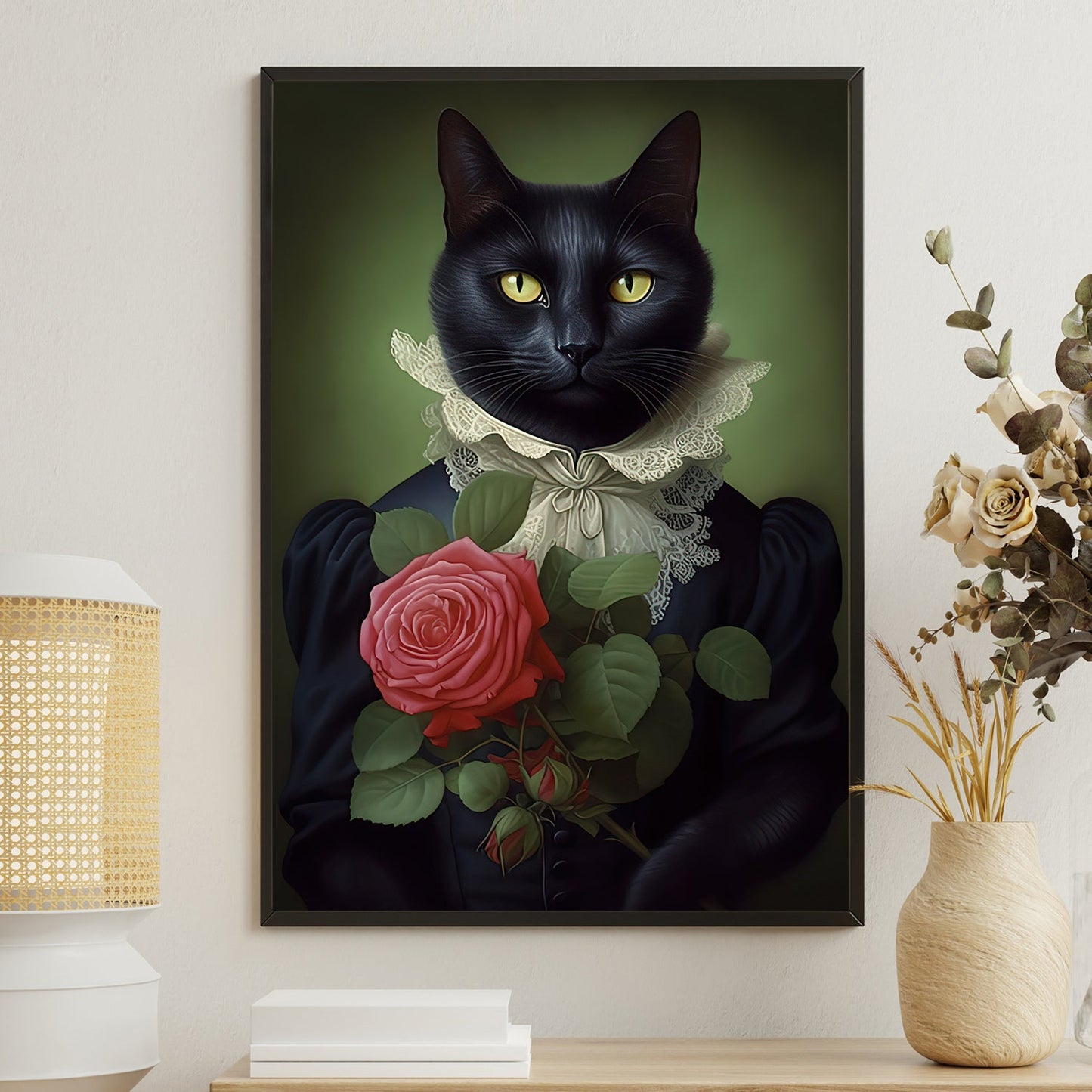 Rose of the Night, Victorian Cat Canvas Painting, Mysterical Wall Art Decor, Poster Gift For Cat Lovers