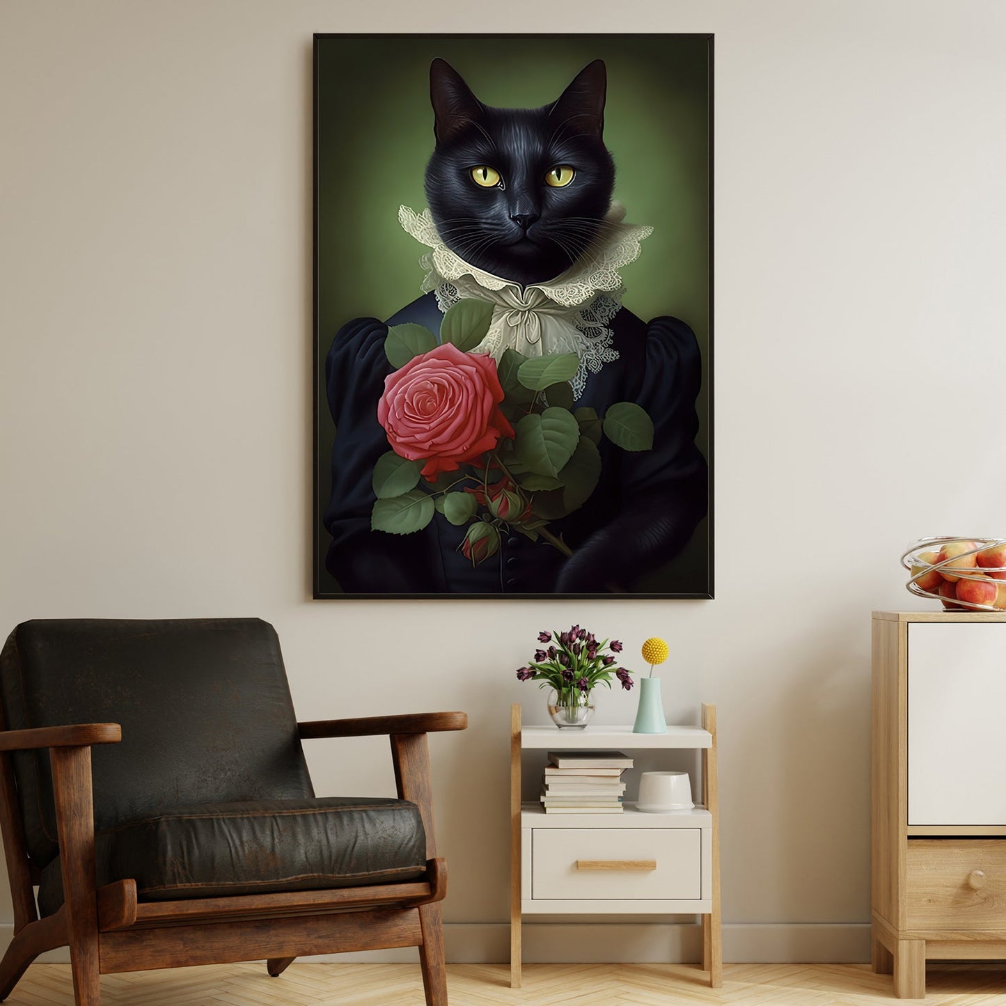 Rose of the Night, Victorian Cat Canvas Painting, Mysterical Wall Art Decor, Poster Gift For Cat Lovers