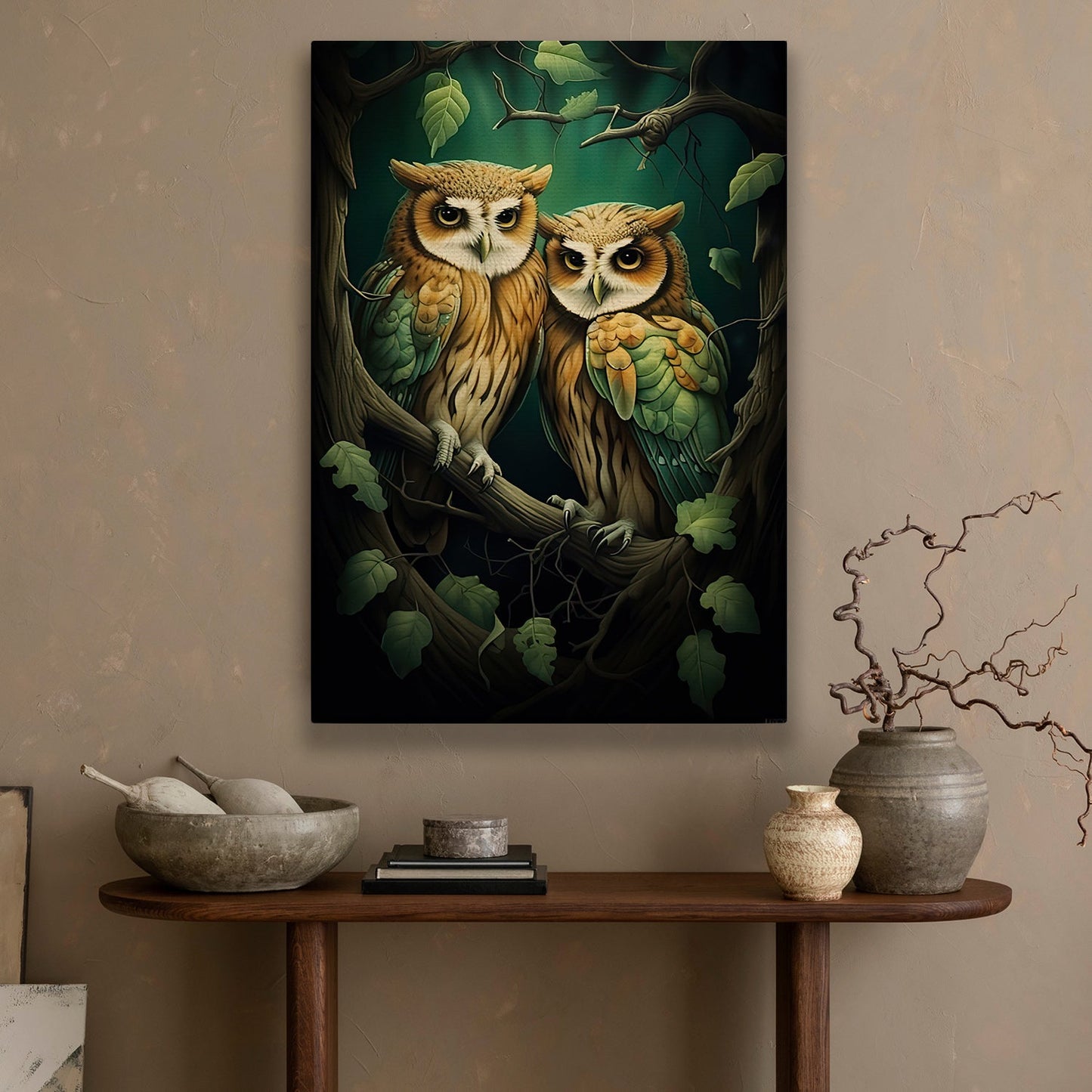 Twin Sages of the Grove, Owl Canvas Painting, Mysterical Wall Art Decor, Poster Gift For Owl Lovers