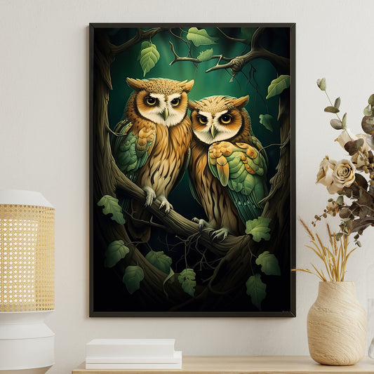 Twin Sages of the Grove, Owl Canvas Painting, Mysterical Wall Art Decor, Poster Gift For Owl Lovers