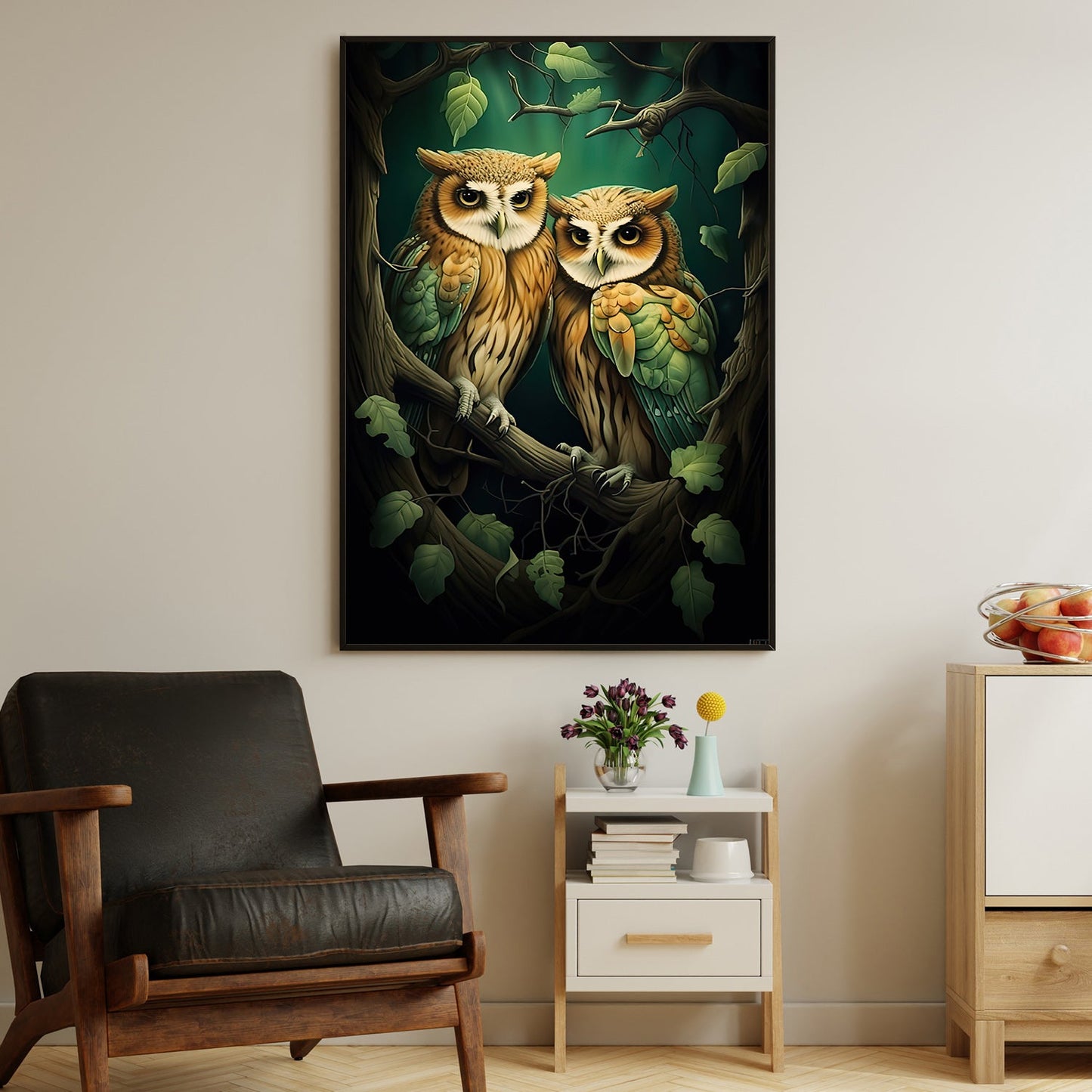 Twin Sages of the Grove, Owl Canvas Painting, Mysterical Wall Art Decor, Poster Gift For Owl Lovers