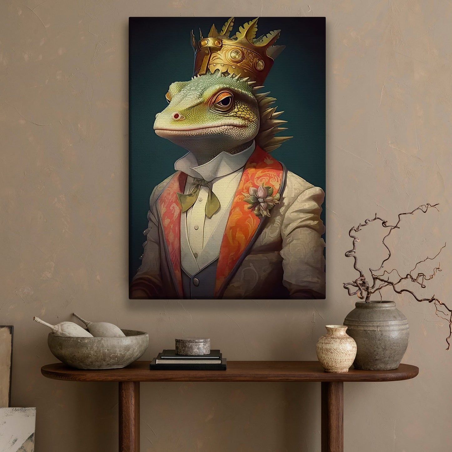 The Iguana Monarch, Victorian Iguana Canvas Painting, Victorian Animal Wall Art Decor, Poster Gift For Iguana Lovers