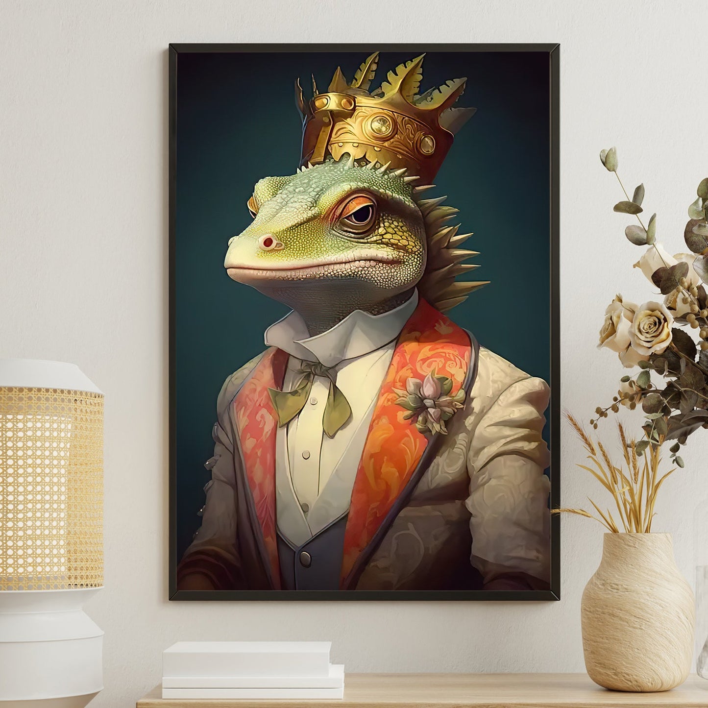 The Iguana Monarch, Victorian Iguana Canvas Painting, Victorian Animal Wall Art Decor, Poster Gift For Iguana Lovers