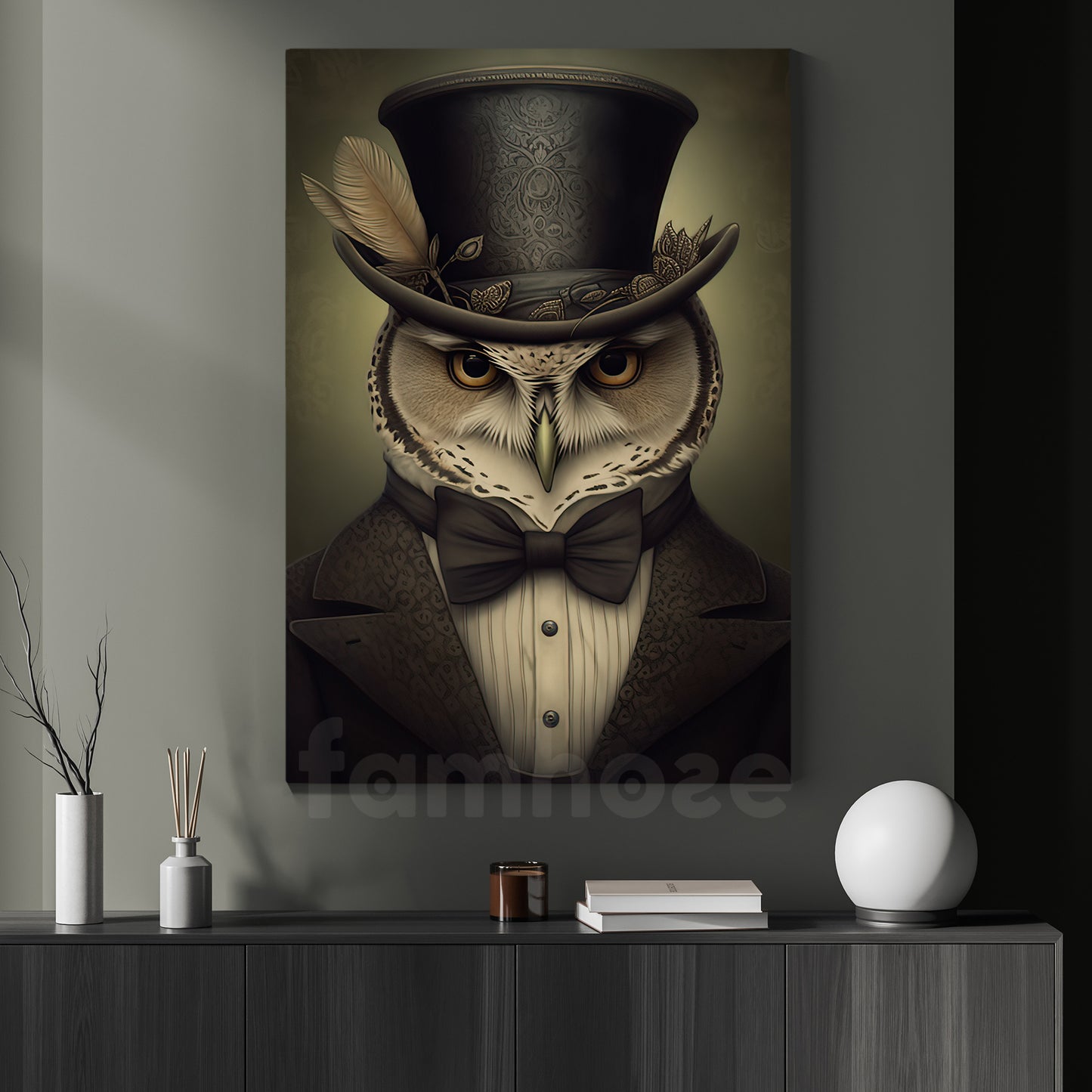 Owl in Style, Victorian Owl Canvas Painting, Victorian Animal Wall Art Decor, Poster Gift For Owl Lovers