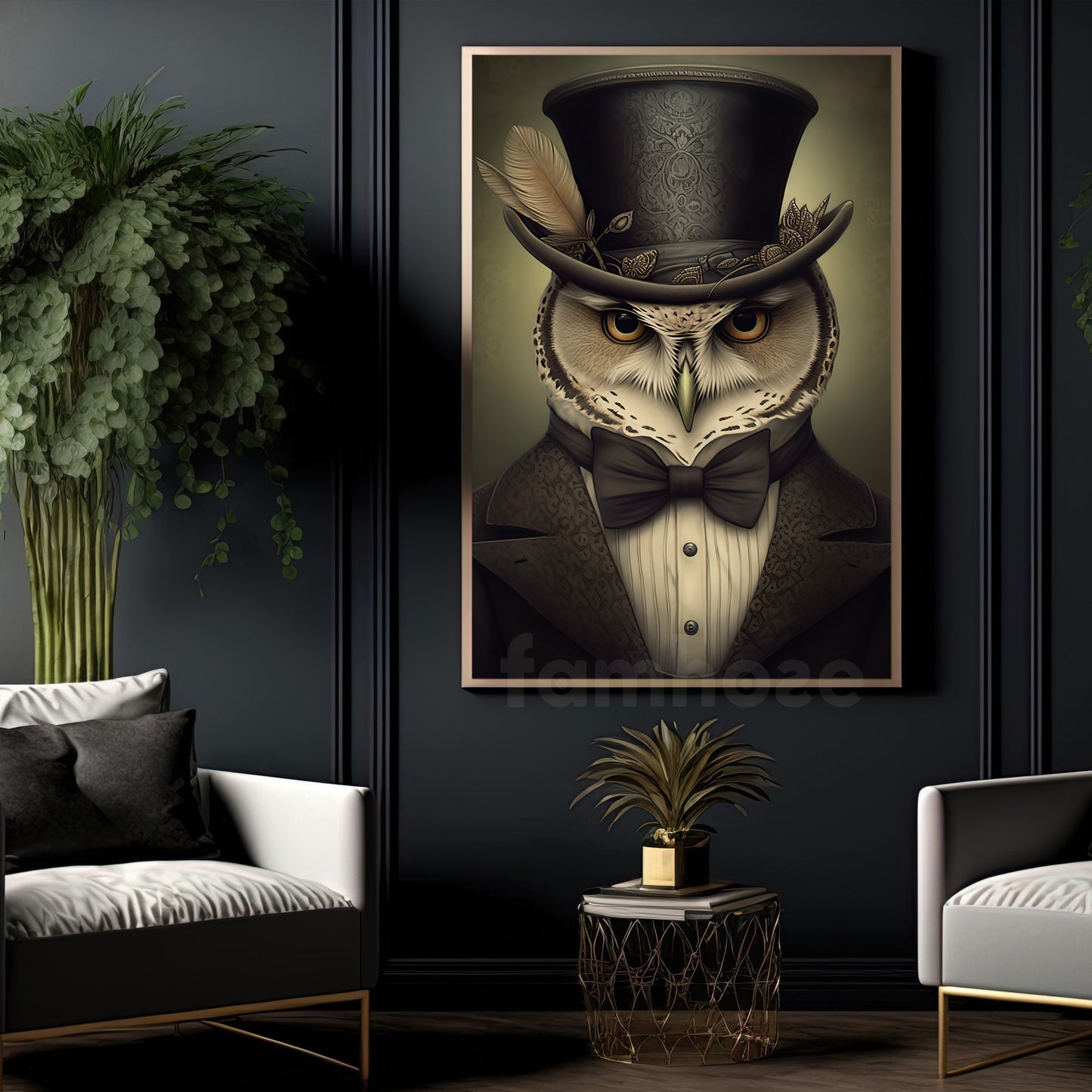 Owl in Style, Victorian Owl Canvas Painting, Victorian Animal Wall Art Decor, Poster Gift For Owl Lovers