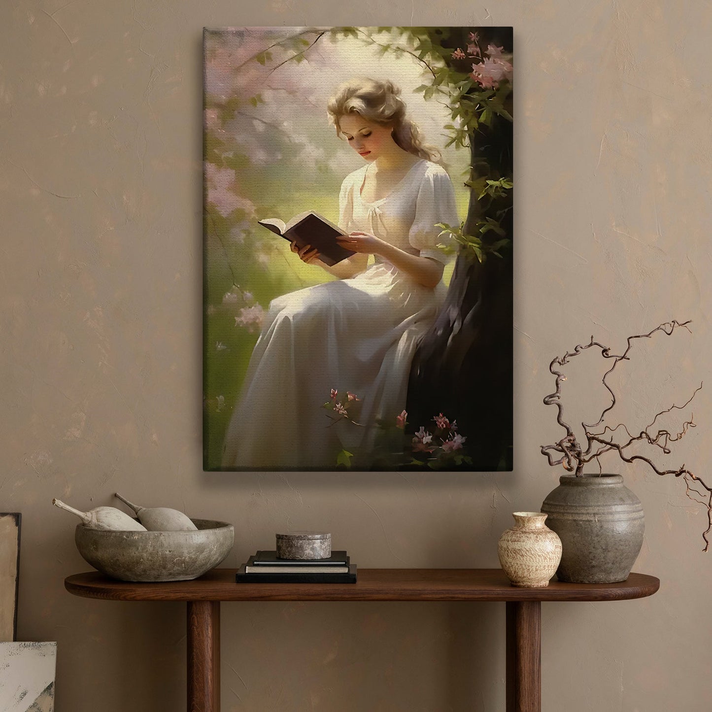 Serenity in the Grove, Victorian Girl Canvas Painting, Historical Wall Art Decor, Poster Gift For Reading Lovers