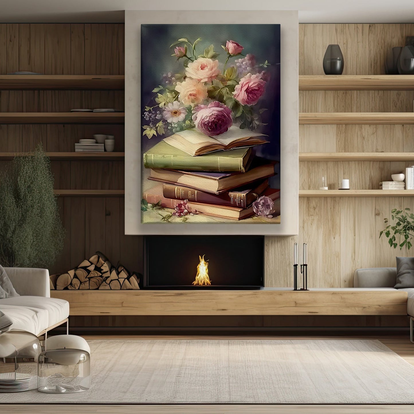 Blossoming Knowledge, Flower & Book Canvas Painting, Historical Wall Art Decor, Poster Gift For Reading Lovers