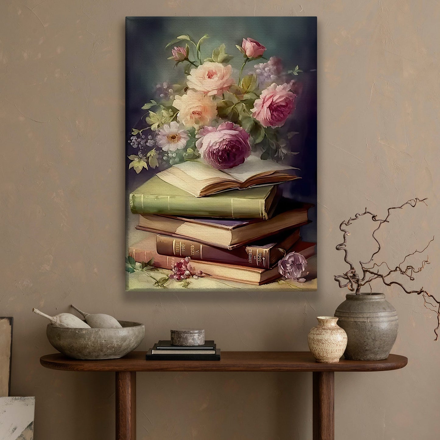 Blossoming Knowledge, Flower & Book Canvas Painting, Historical Wall Art Decor, Poster Gift For Reading Lovers
