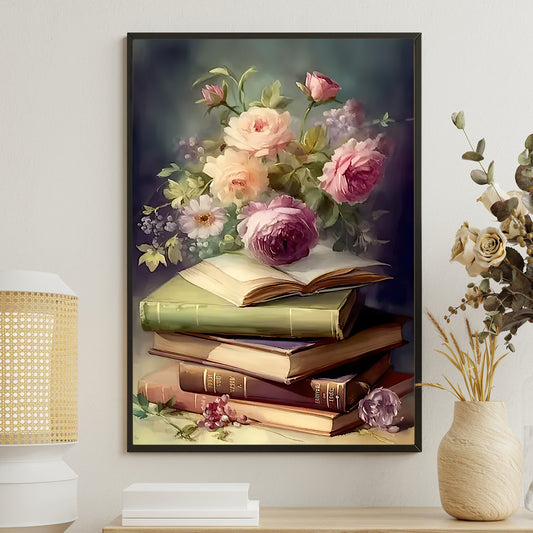 Blossoming Knowledge, Flower & Book Canvas Painting, Historical Wall Art Decor, Poster Gift For Reading Lovers