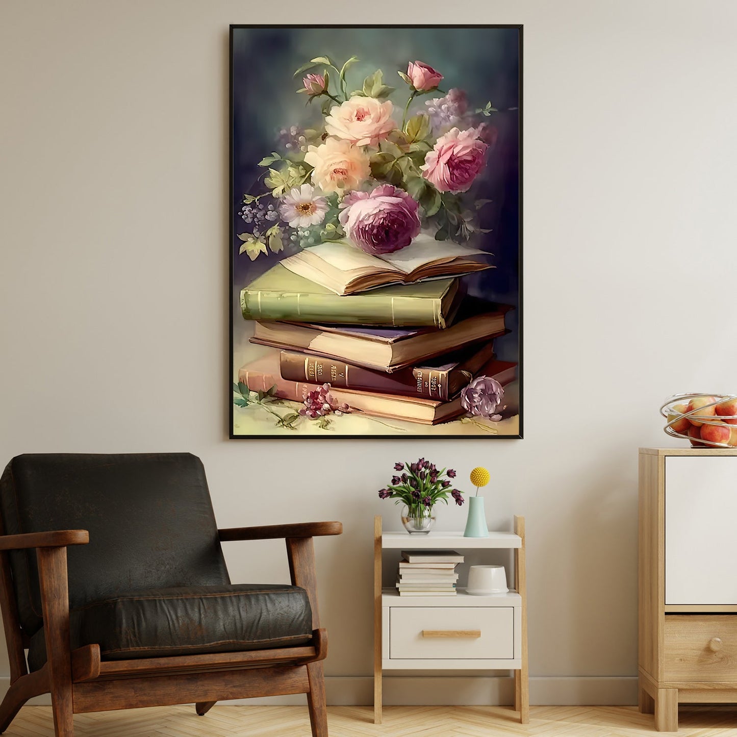 Blossoming Knowledge, Flower & Book Canvas Painting, Historical Wall Art Decor, Poster Gift For Reading Lovers