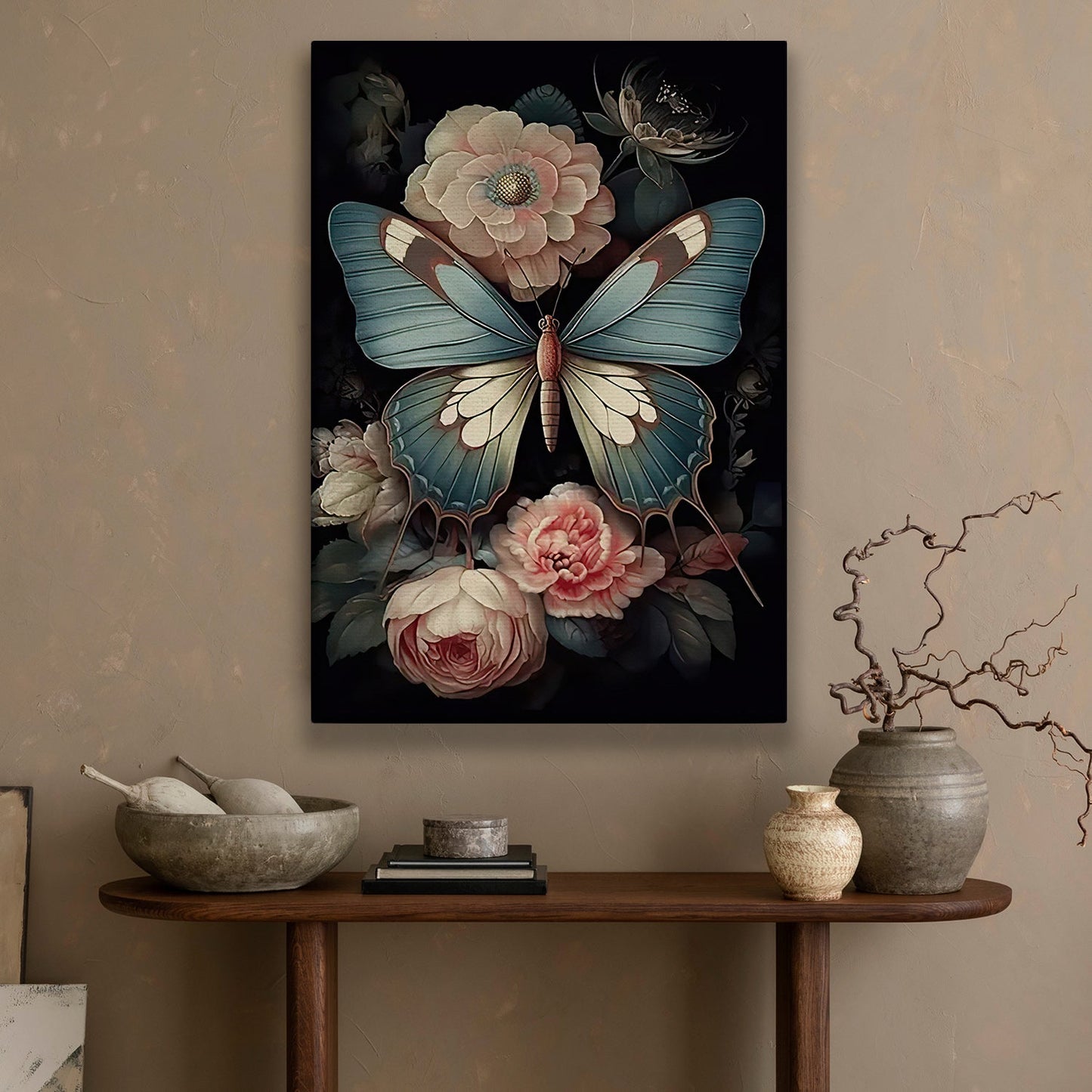 Ethereal Wings The Midnight Dance, Modern Flower & Butterfly Canvas Painting, Roses Wall Art Decor, Poster Gift For Flower Lovers