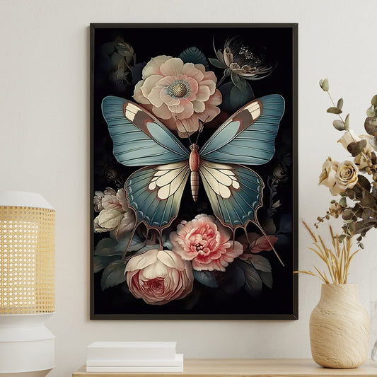 Ethereal Wings The Midnight Dance, Modern Flower & Butterfly Canvas Painting, Roses Wall Art Decor, Poster Gift For Flower Lovers