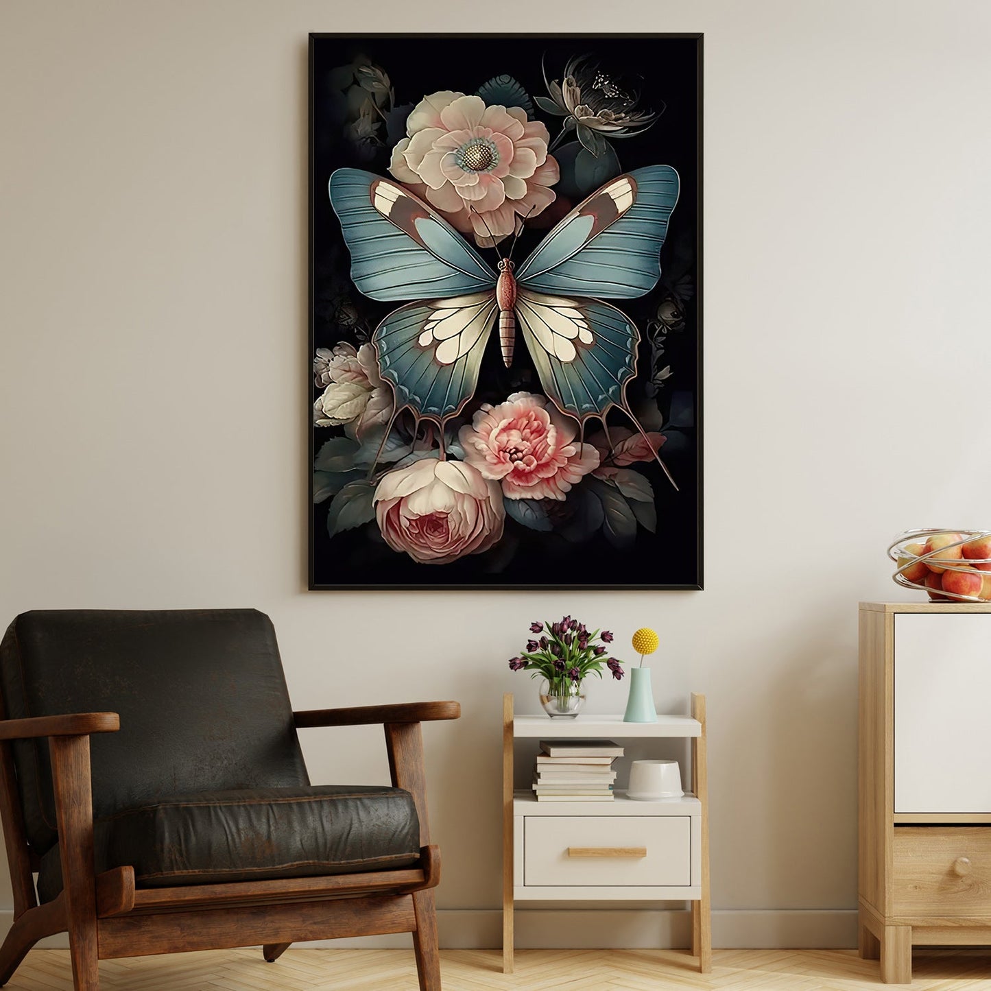 Ethereal Wings The Midnight Dance, Modern Flower & Butterfly Canvas Painting, Roses Wall Art Decor, Poster Gift For Flower Lovers