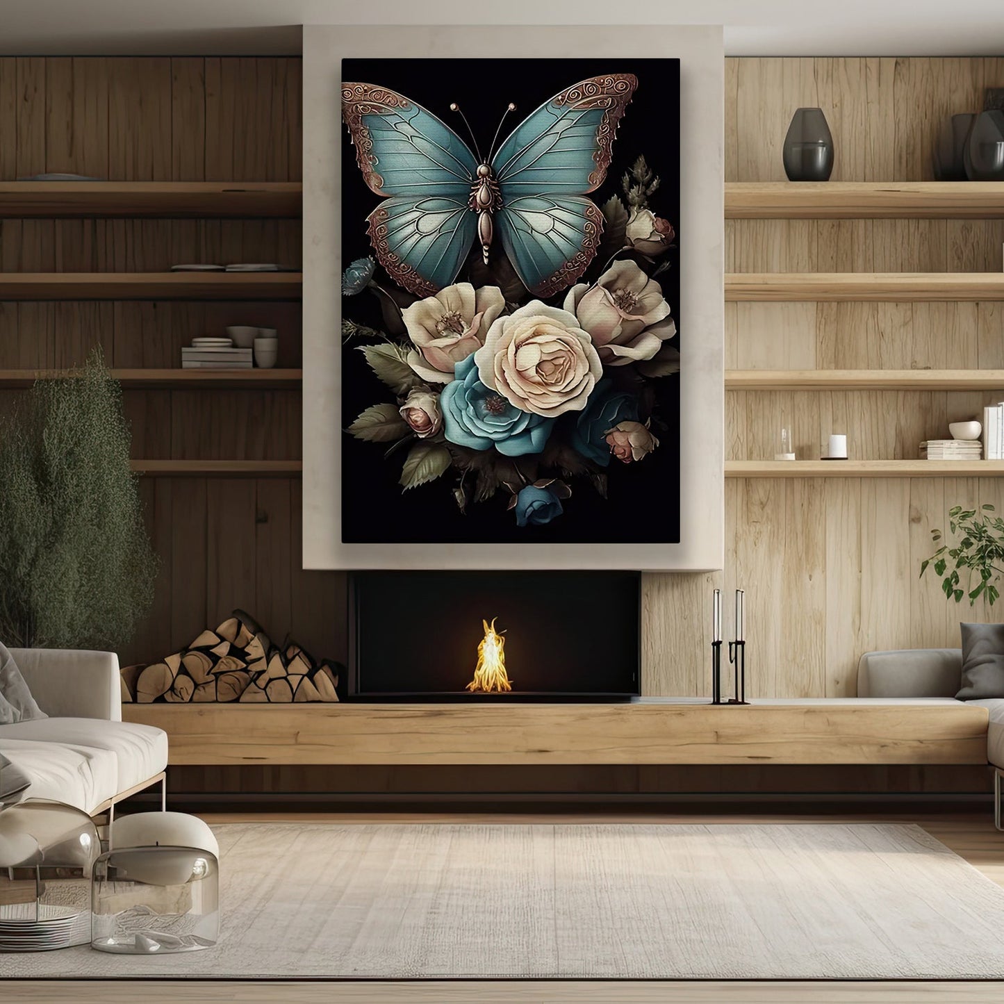 The Twilight Garden, Modern Flower & Butterfly Canvas Painting, Roses Wall Art Decor, Poster Gift For Flower Lovers