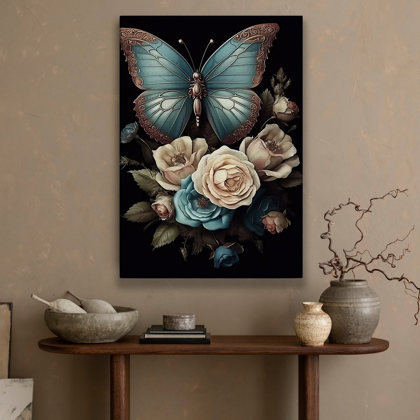 The Twilight Garden, Modern Flower & Butterfly Canvas Painting, Roses Wall Art Decor, Poster Gift For Flower Lovers