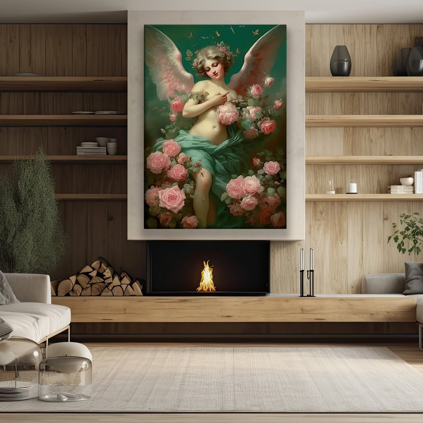 Celestial Blossom The Angel's Embrace, Angel Canvas Painting, Rose Wall Art Decor, Poster Gift For Angel Lovers