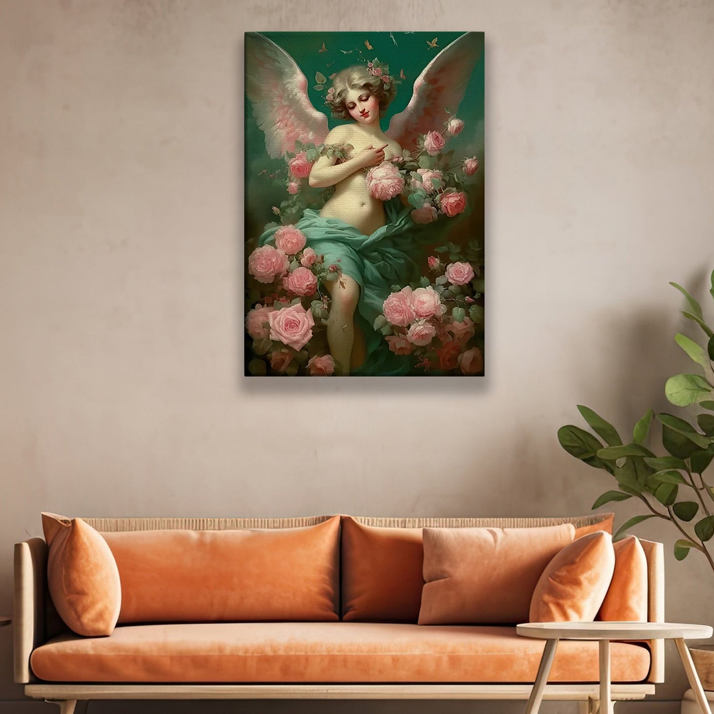 Celestial Blossom The Angel's Embrace, Angel Canvas Painting, Rose Wall Art Decor, Poster Gift For Angel Lovers