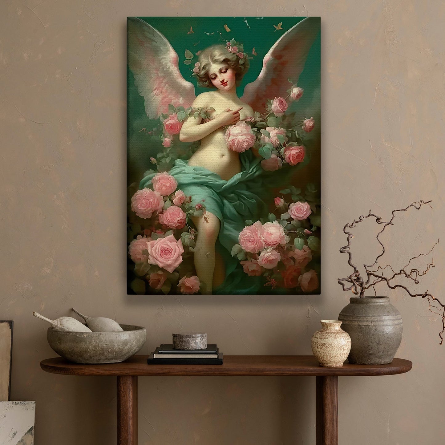 Celestial Blossom The Angel's Embrace, Angel Canvas Painting, Rose Wall Art Decor, Poster Gift For Angel Lovers