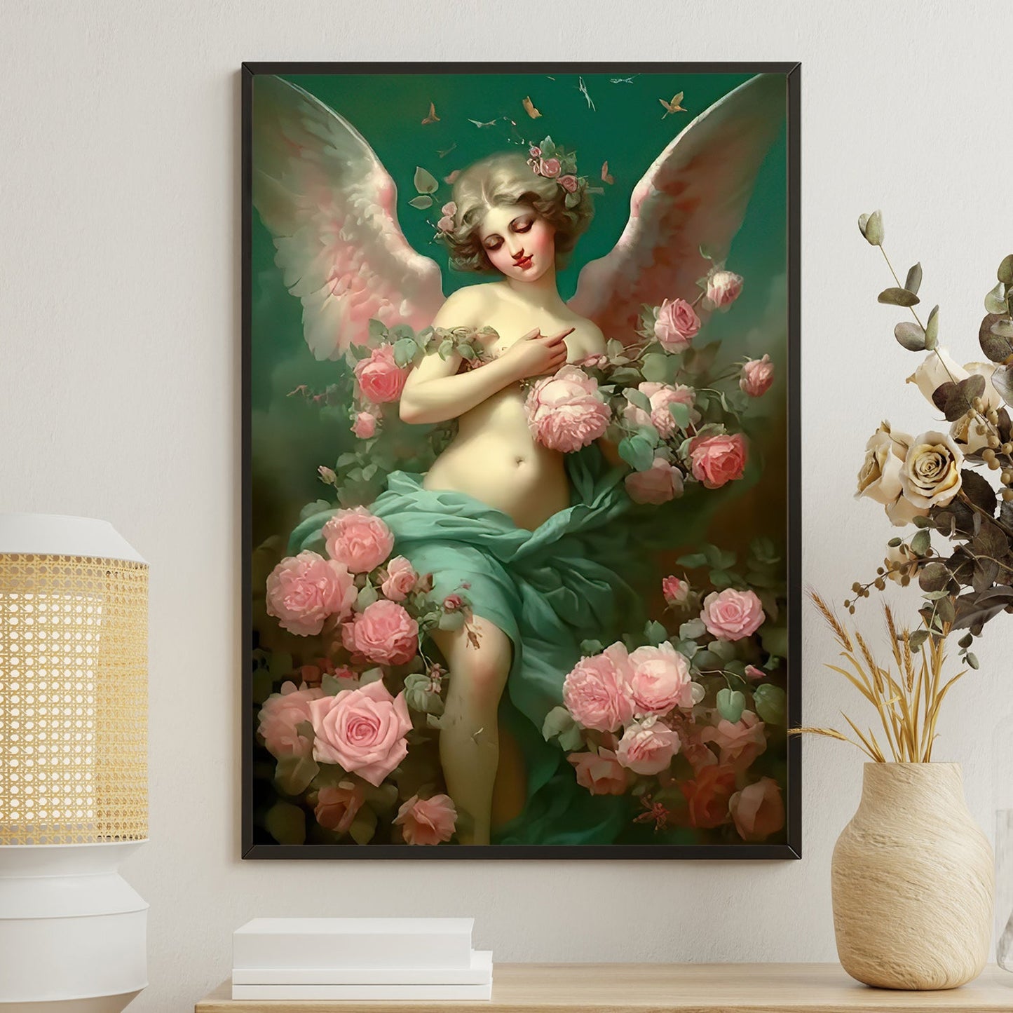 Celestial Blossom The Angel's Embrace, Angel Canvas Painting, Rose Wall Art Decor, Poster Gift For Angel Lovers